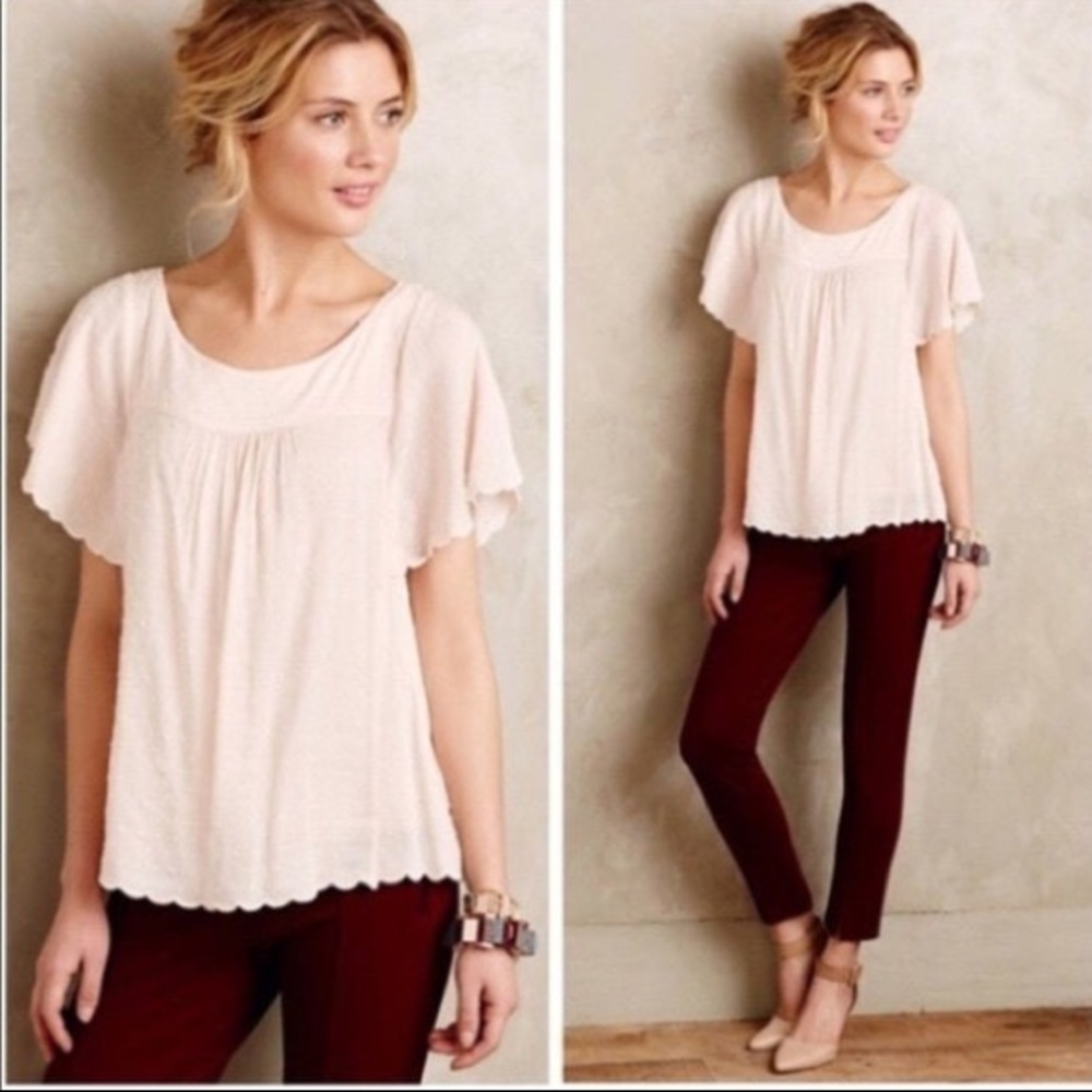 Maeve blush pink flutter sleeve Swiss dot blouse